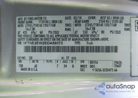 2014 Ford Econoline E250 Van z USA, uszkodzony, nr VIN 1FTNE2EW2EDA59373